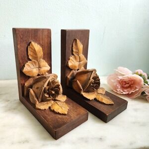 Antique Rose Wood Bookends Hand Carved‎ Floral Library French Country Decor